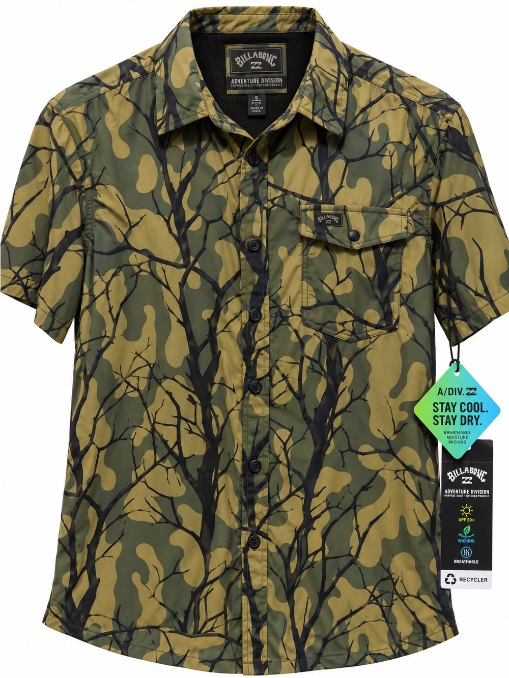 NWT Billabong A/Div Surftrek Tech Shirt Men S Olive Camo UPF 50+ ABYWT00157